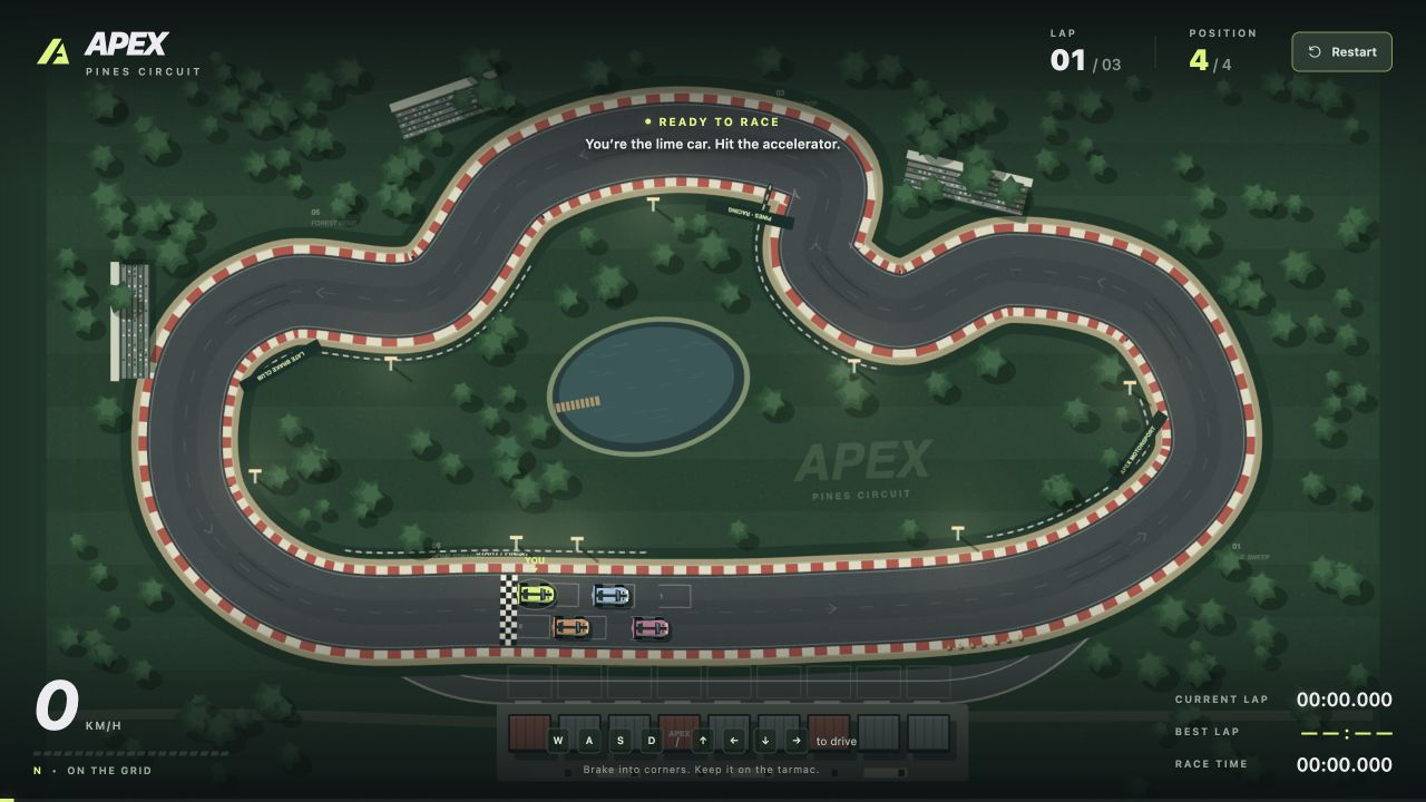 Astra's first racer attempt: a full circuit surrounded by trees, with grandstands, a pond and four cars on the starting grid.