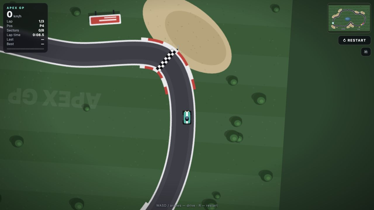 SWE-2's first racer attempt: a close camera follows the player car, with a track minimap and compact race controls.