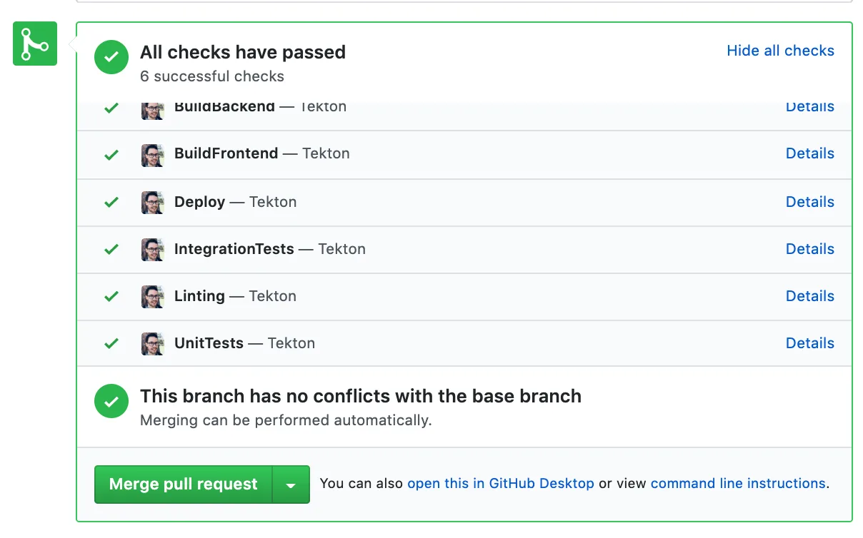 GitHub pull request status checks view showing per-stage feedback posted by a Tekton PipelineRun via the GitHub Status API
