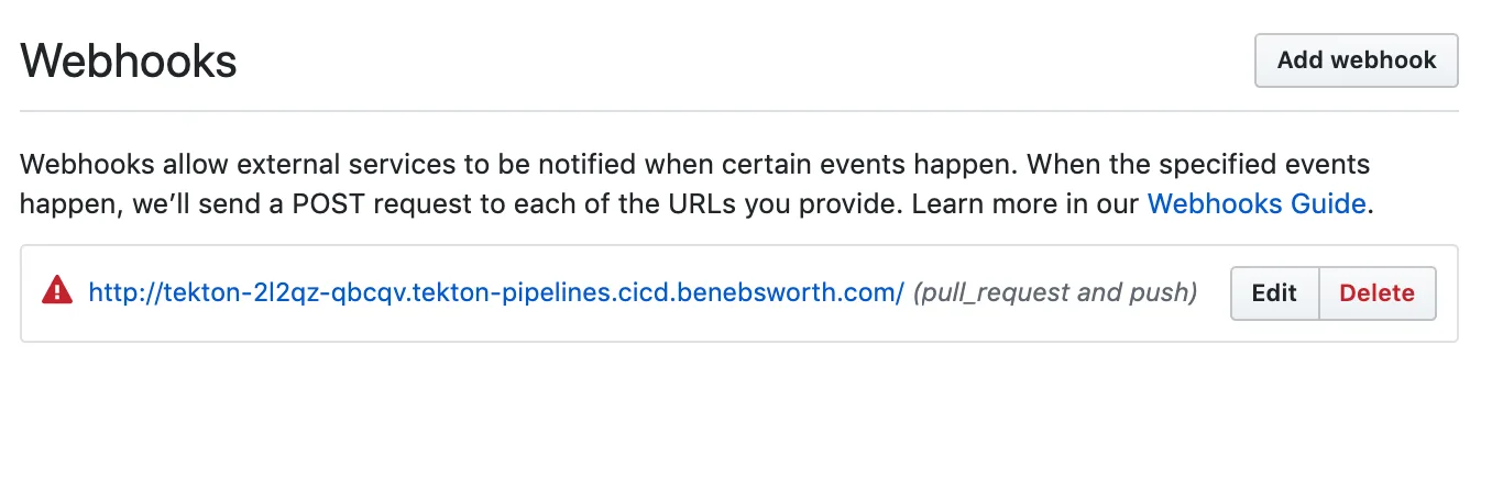 GitHub repository settings page showing a webhook created on the targeted repository to trigger Tekton pipeline runs