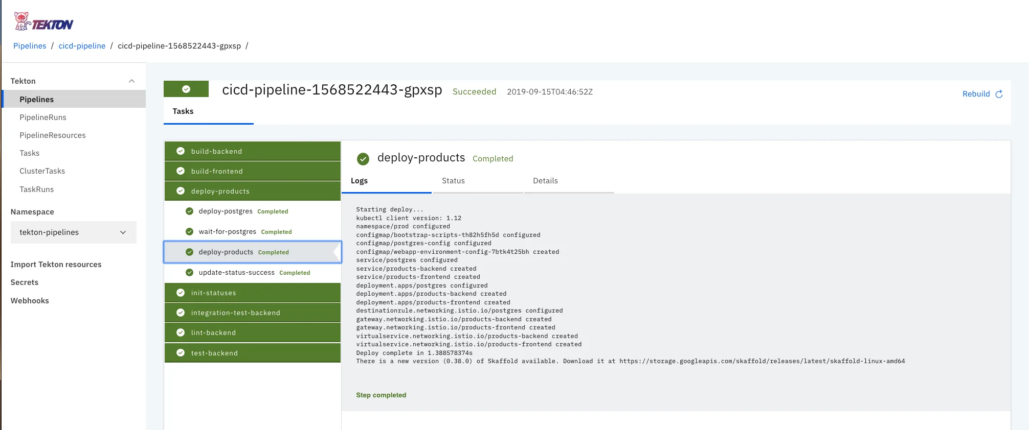 Tekton Dashboard UI showing a fully featured pipeline run with the status of each stage and its associated logs