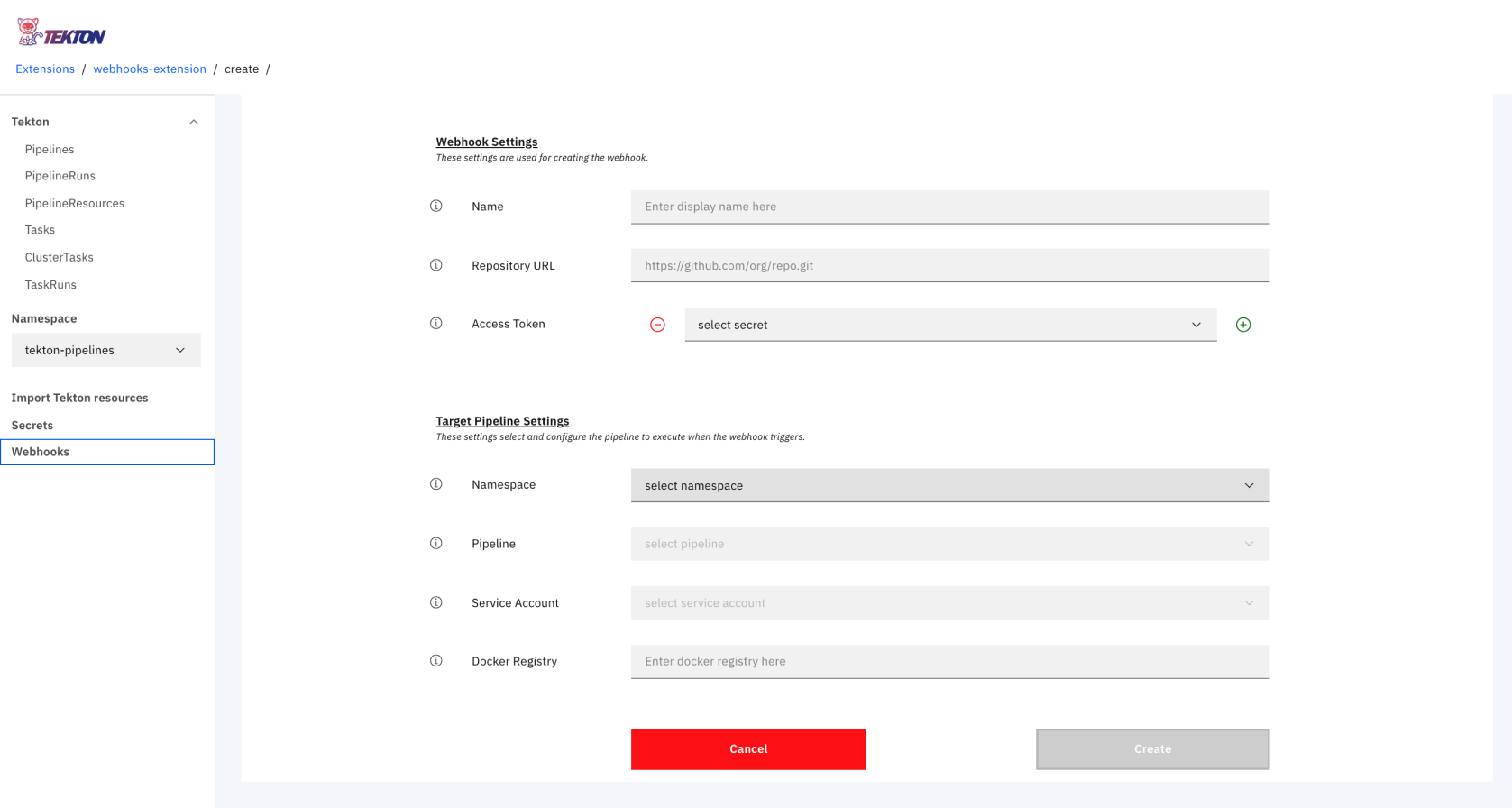 Tekton Dashboard UI with the experimental Webhook Extension installed for creating and managing GitHub webhooks